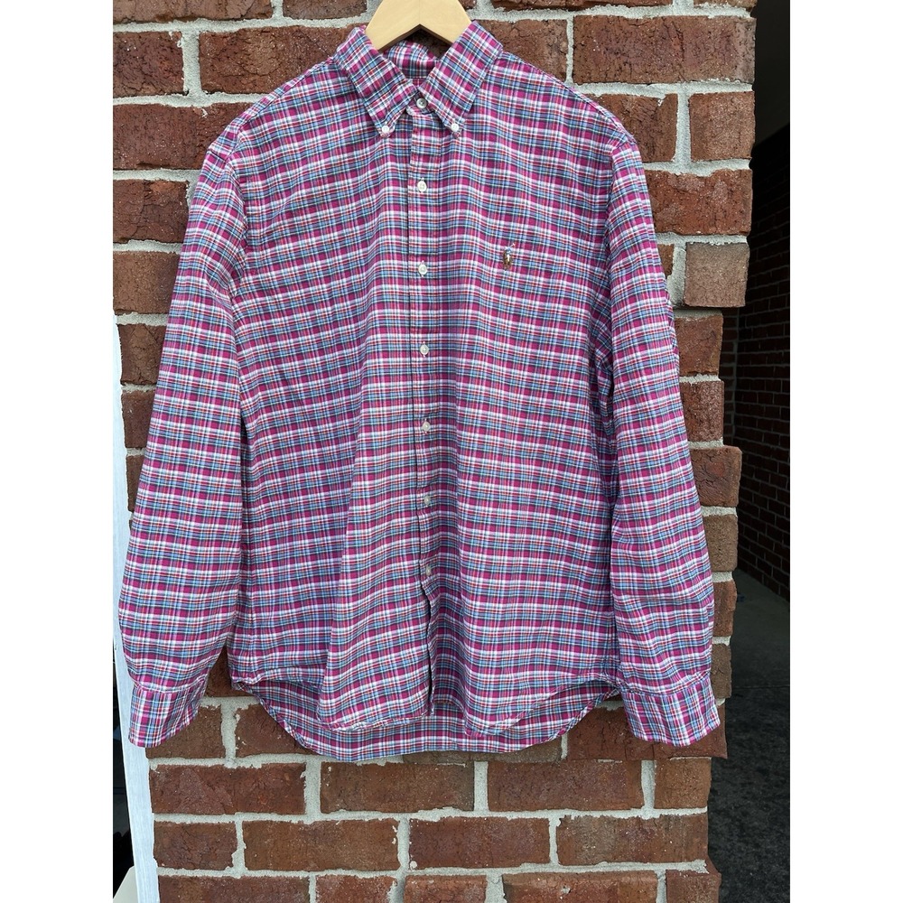 Ralph Lauren Men Large Pink Plaid Cotton Button Down Long Sleeve Pony Logo Shirt